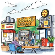 A vibrant outdoor scene illustrating a "Brand Message" setting with a person working at a table.