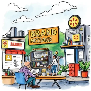 A vibrant outdoor scene illustrating a "Brand Message" setting with a person working at a table.