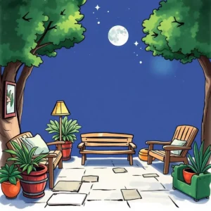 Cozy outdoor scene with seating, plants, and a full moon.