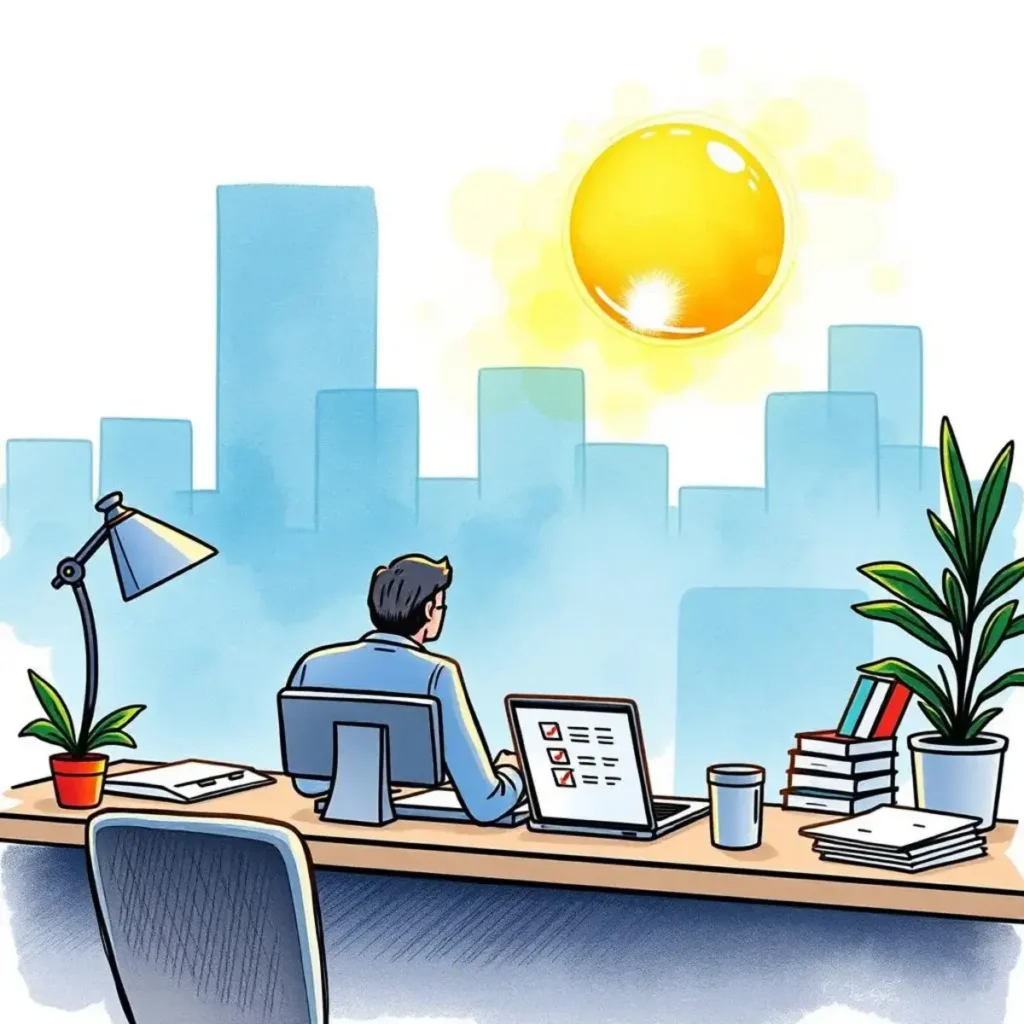 Audit alert generator: Highlight discrepancies in benefits policies 1 Professional at a desk reviewing compliance audit discrepancies with city view.