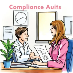 Audit control text validator: Verify compliance through clear text submissions 3 A professional discussion during a compliance audit in an office setting with documents and a plant present.