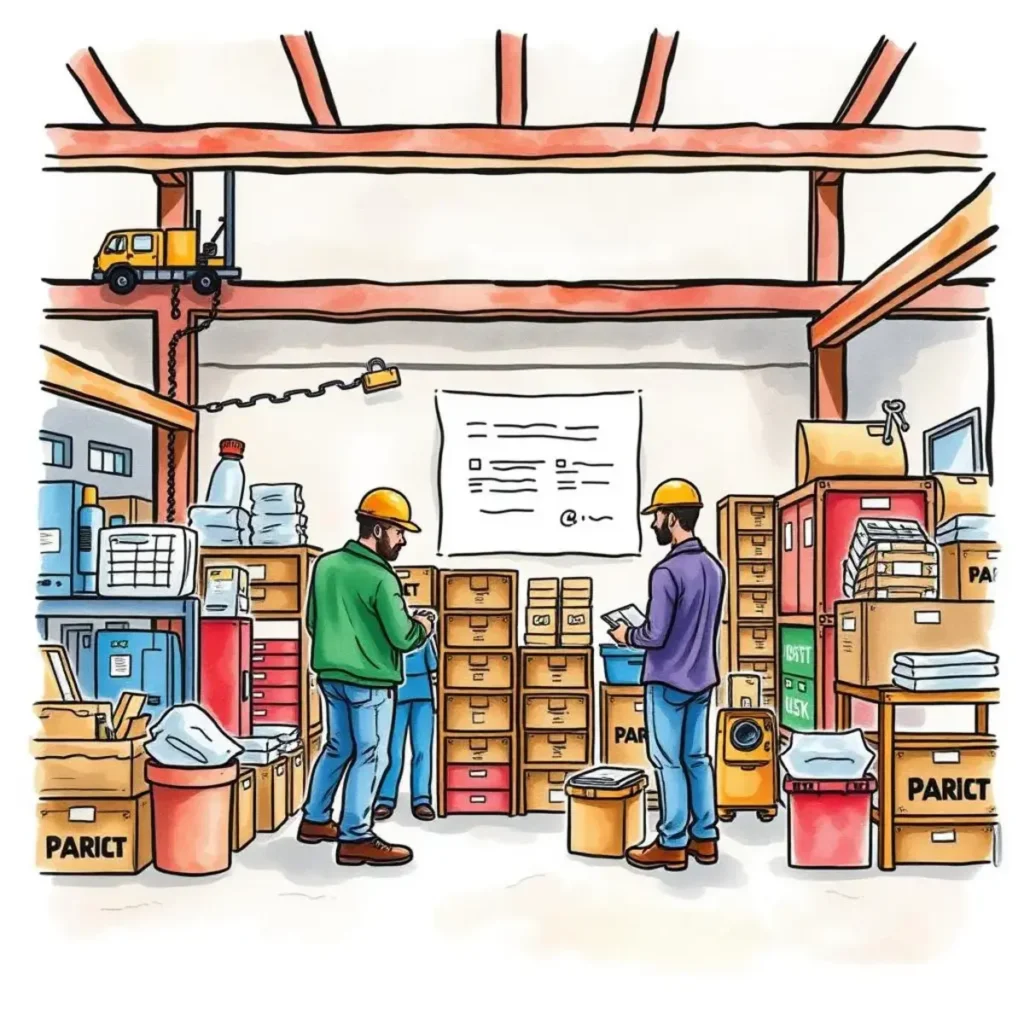 Audit feedback collector: Collect and compile feedback from audit participants 1 Engineers collaborating in a warehouse to collect audit feedback efficiently.