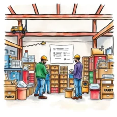 Engineers collaborating in a warehouse to collect audit feedback efficiently.