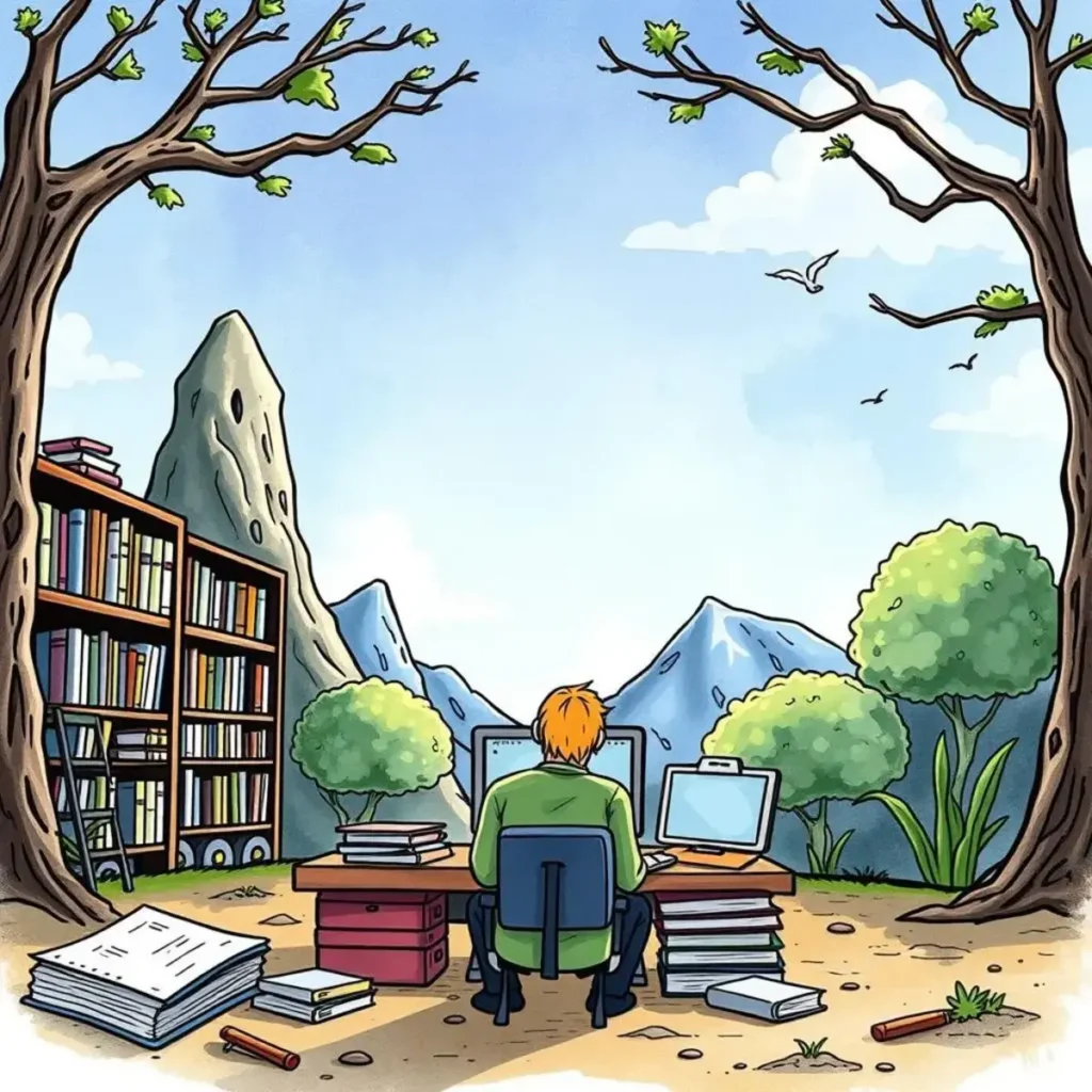 Audit log summary creator: Generate summaries of access logs 1 A person working on a computer amidst a serene outdoor setting with books and mountains in the background