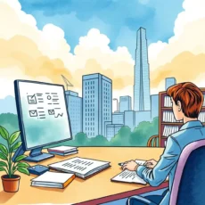 A professional analyzing audit documentation from a modern office setting.