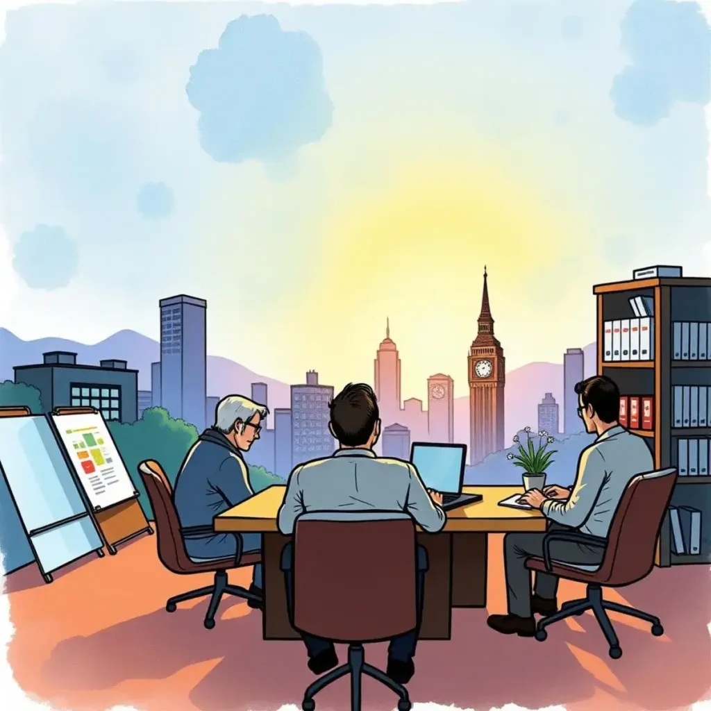 Professionals collaborating on audit reports with a city skyline backdrop.