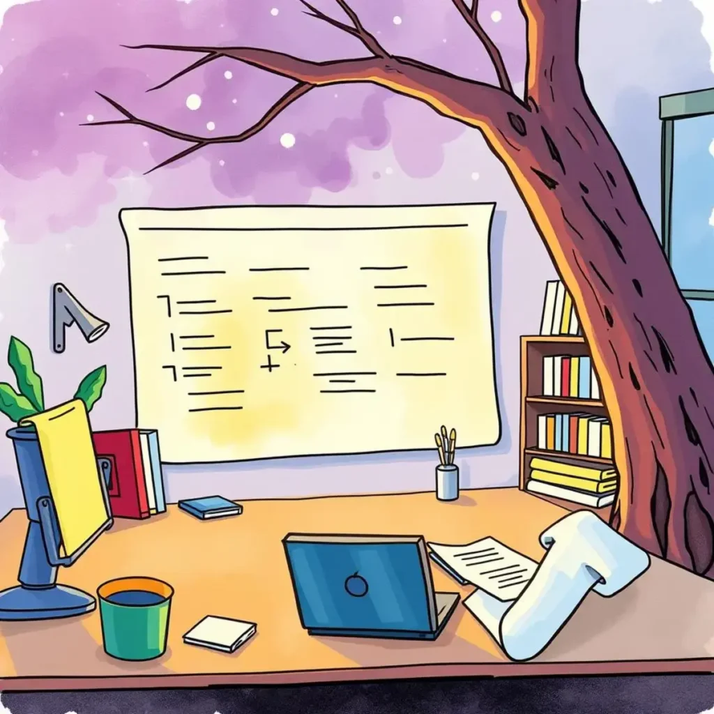 Audit task generator: Generate tailored audit tasks automatically 1 An organized workspace with a laptop, documents, and a tree element.