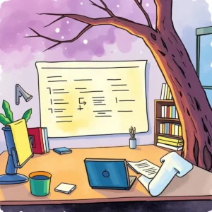 Audit task generator: Generate tailored audit tasks automatically 3 An organized workspace with a laptop, documents, and a tree element.