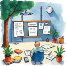 Person analyzing documents in an organized office workspace.