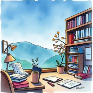 A serene workspace featuring books and documents, ideal for audit planning tasks.