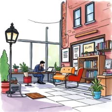 A man in formal attire working on a laptop in a modern office space filled with plants.