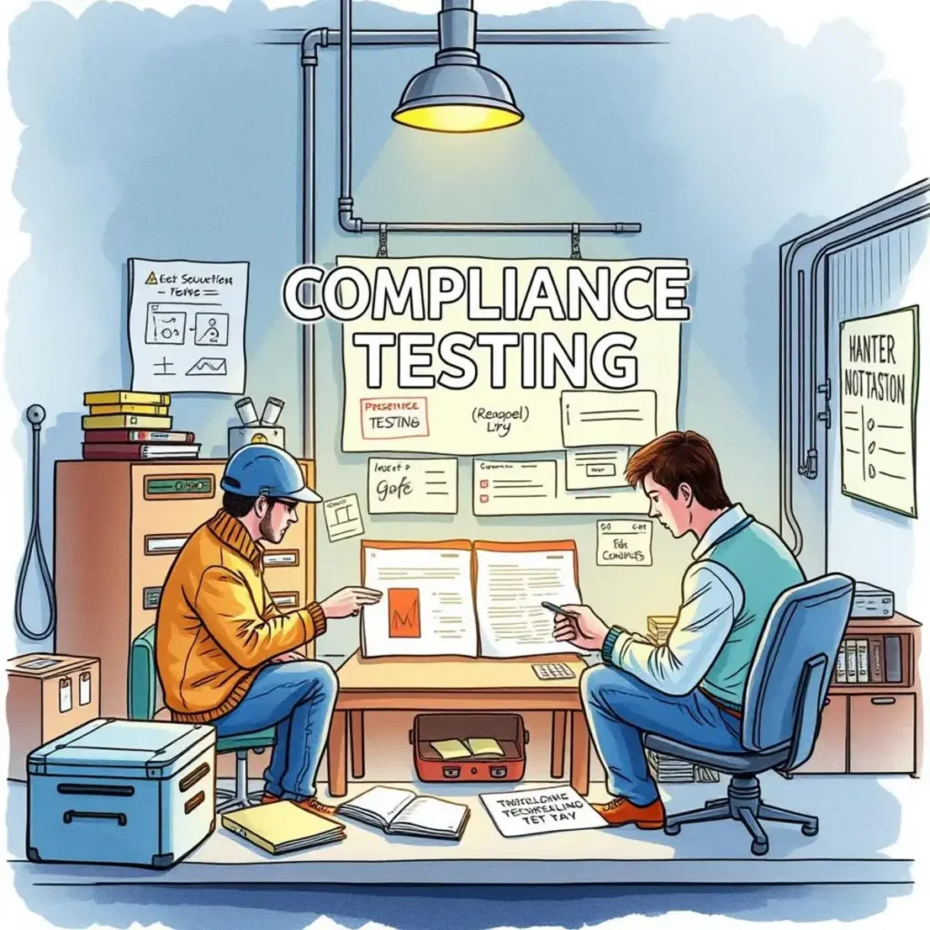 Audit trail annotator: Annotate text based on regulatory requirements 1 Compliance testing scene with analysts reviewing documents related to regulatory guidelines for audit trails.