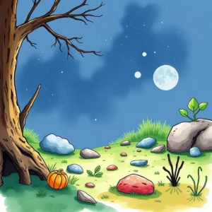 A serene landscape with a tree, rocks, and a glowing moon.