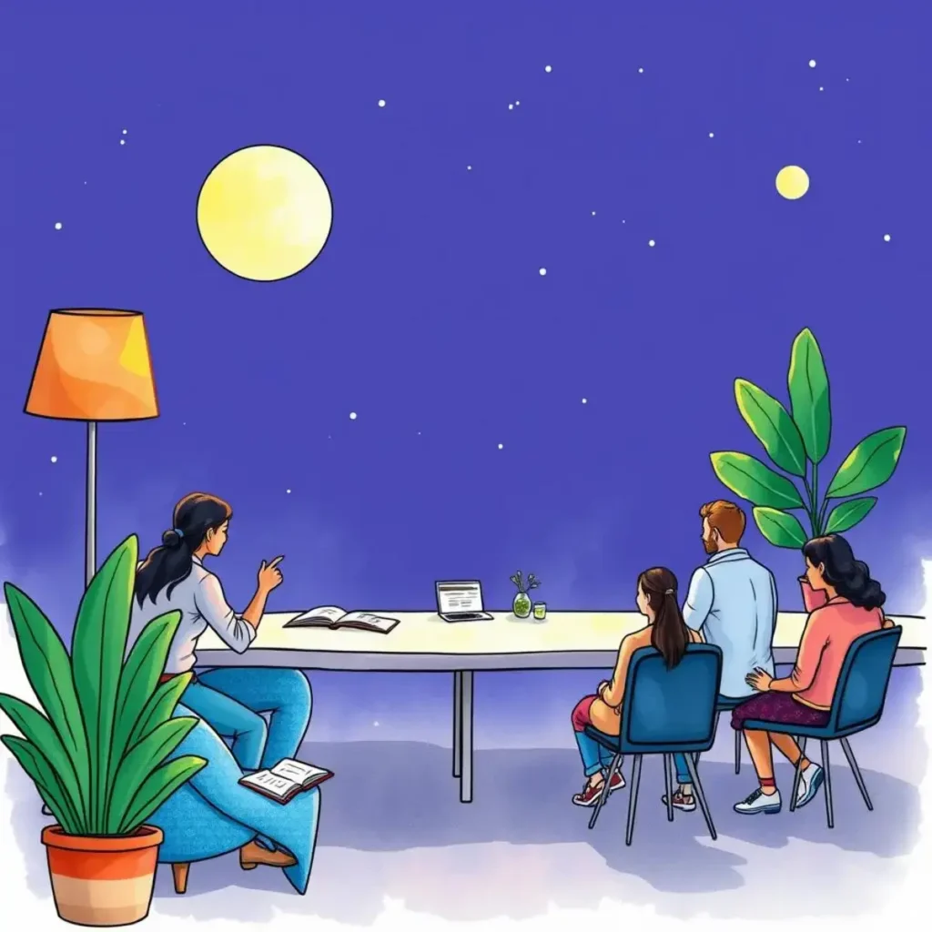 Awareness insights creator: Formulate reports on awareness programs 1 A diverse group discussing awareness programs under a starry sky.