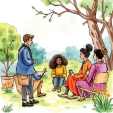 Diverse group engaged in discussion outdoors, focusing on awareness programs for HR initiatives.