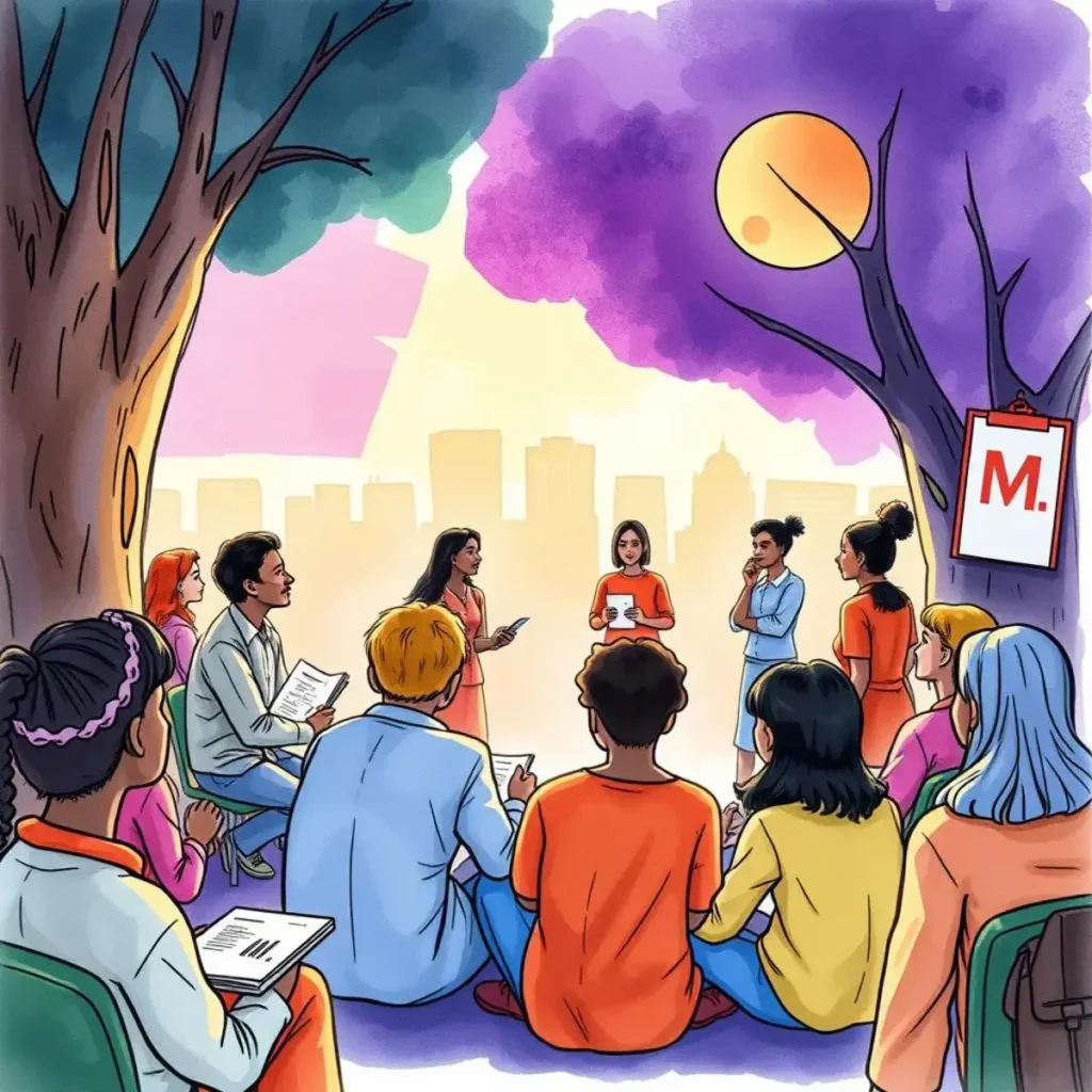 Inclusion insight report builder: Build detailed reports on diversity initiatives 1 Group discussion on diversity initiatives in a vibrant, inclusive setting.
