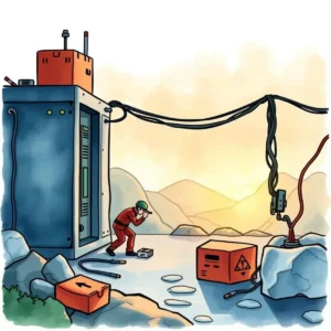 Illustration of a technician managing data backup equipment outdoors.