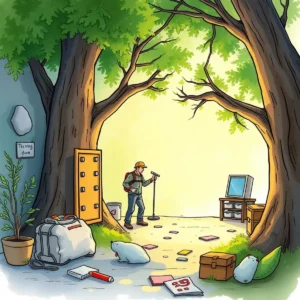 Backup efficiency analyzer tool illustration showing IT professionals examining data in an interactive environment.