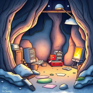 Cozy cave workspace with computers and storage, symbolizing data backup.