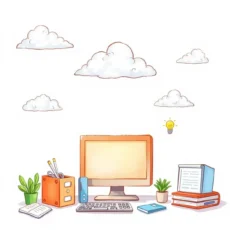 Illustration of a desk setup for backup process documentation in it.