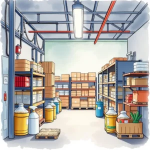 Warehouse interior showcasing organized product batches in storage.