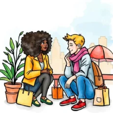 Two people discussing shopping insights outdoors, showcasing consumer behavior.
