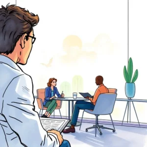 Behavioral Insight Analyzer session with interviewers assessing a candidate's responses in a modern office setting.