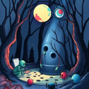 Whimsical depiction of malware analysis in a dark forest.