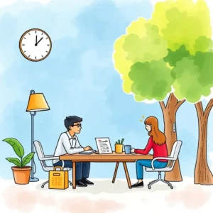 Eligibility criteria clarifier: Simplify and explain eligibility requirements for benefits 2 Two professionals discussing eligibility criteria in a pleasant office setting.