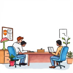 Enrollment faq creator: Develop comprehensive FAQs for open enrollment 3 Three professionals collaboratively working on enrollment faqs at an office.