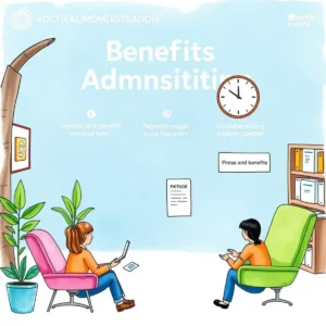 Enrollment process explanation builder: Outline the steps for the enrollment process clearly 1 Illustration of hr staff discussing the enrollment process for benefits administration.