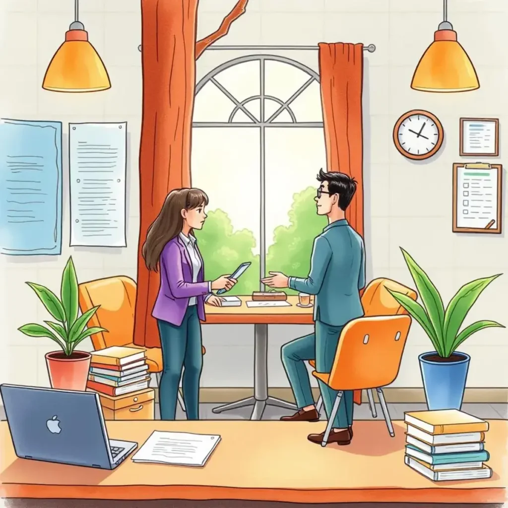 Benefits clarification generator: Provide clear explanations of benefits to employees 1 Two professionals discussing employee benefits in a bright office setting.