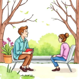 A friendly conversation about benefits occurs outdoors between a man and a woman sitting on chairs.