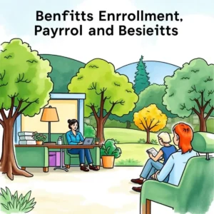 Illustration of hr professionals discussing benefits enrollment in a serene park setting.