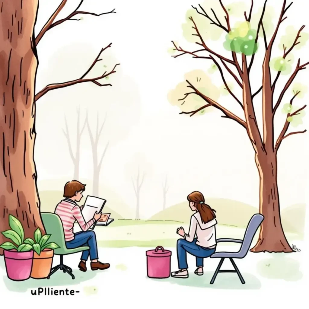 Employee query clarifier: Understand and resolve benefits questions easily 1 A helpful Employee Query Clarifier tool session in a serene outdoor setting with two individuals discussing benefits.