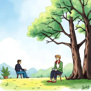 Enrollment faq assistant: Create concise answers for enrollment inquiries 6 Two people discussing benefits enrollment under a large tree outdoors.