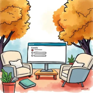 A cozy outdoor setting with two chairs, a computer screen, and trees featuring autumn colors