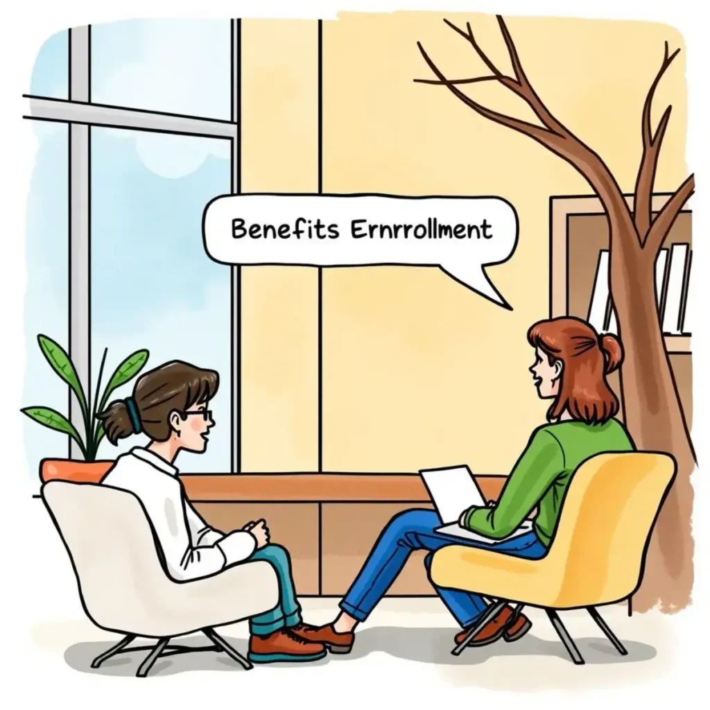 Benefits Enrollment discussion between two individuals in a modern office setting.