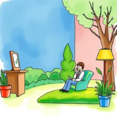 A person sitting outdoors with a tablet next to a checklist on a wooden table, surrounded by greenery.