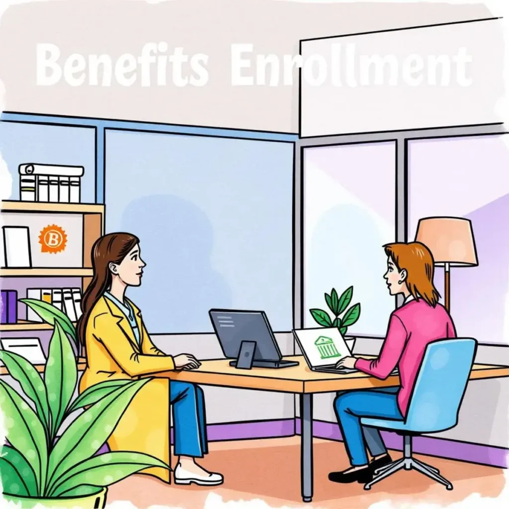 Benefits Enrollment conversation between HR staff in a modern office setting.