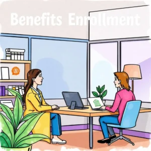 Benefits Enrollment conversation between HR staff in a modern office setting.