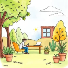 A person using a laptop in a picturesque outdoor setting.