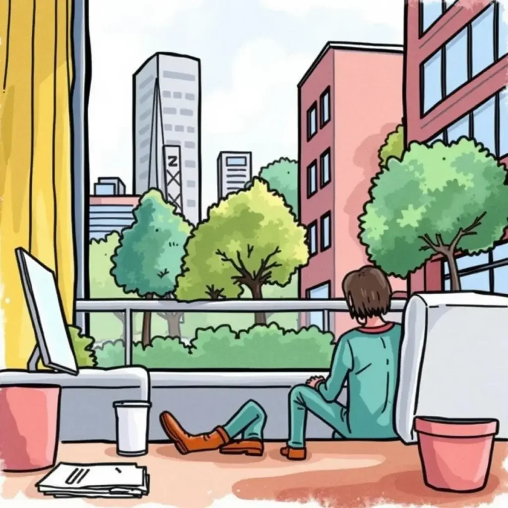 Benefits summary creator: Automatically generate concise benefits summaries for onboarding 1 Person sitting by a window, reflecting on modern workplace benefits.