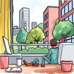 Person sitting by a window, reflecting on modern workplace benefits.