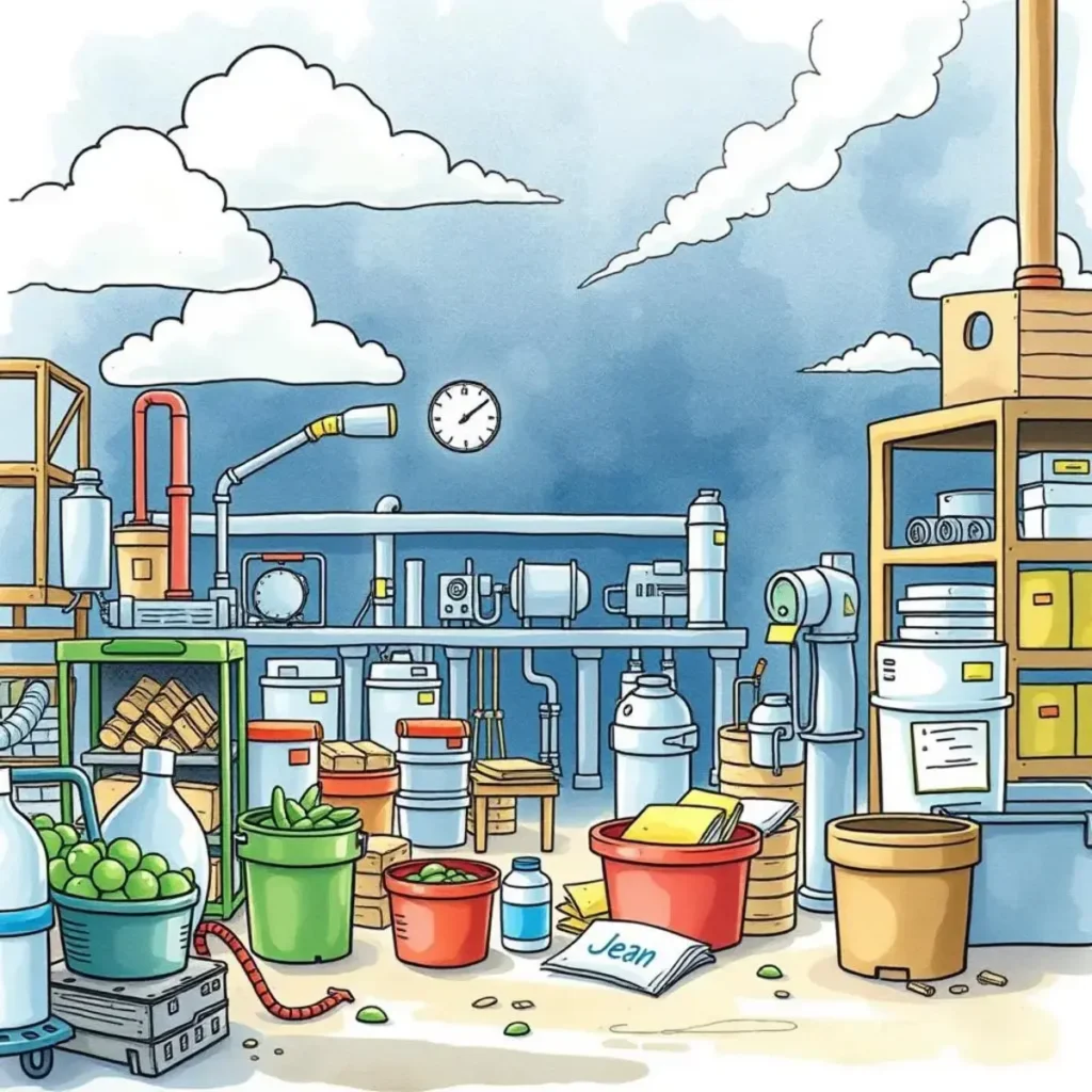 Best practices exchange tool: Document and share effective methods among teams 1 Colorful illustration of a manufacturing workspace focused on waste reduction.