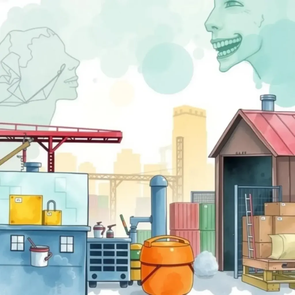 Bottleneck identifiers: Detect production process constraints efficiently 1 Illustration of a manufacturing site with abstract human faces and equipment.