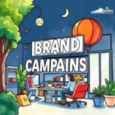 Marketing professionals collaborating on brand campaigns in a vibrant office setting.