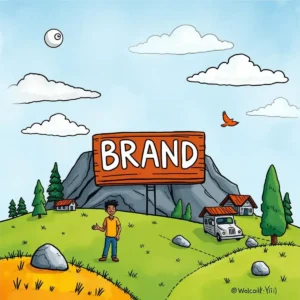 Brand clarity creator: Simplify and clarify your brand message 7 Illustration of a person standing by a large sign that says brand.