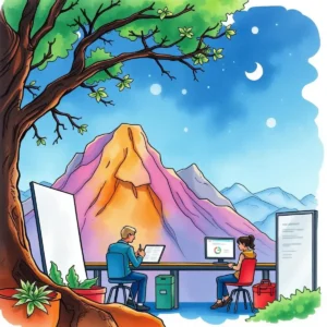 Professionals collaborating on brand positioning amid a scenic mountain backdrop.