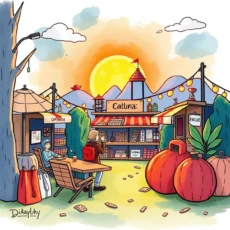 A vibrant marketplace illustration showcasing brand communication tools and collaboration.